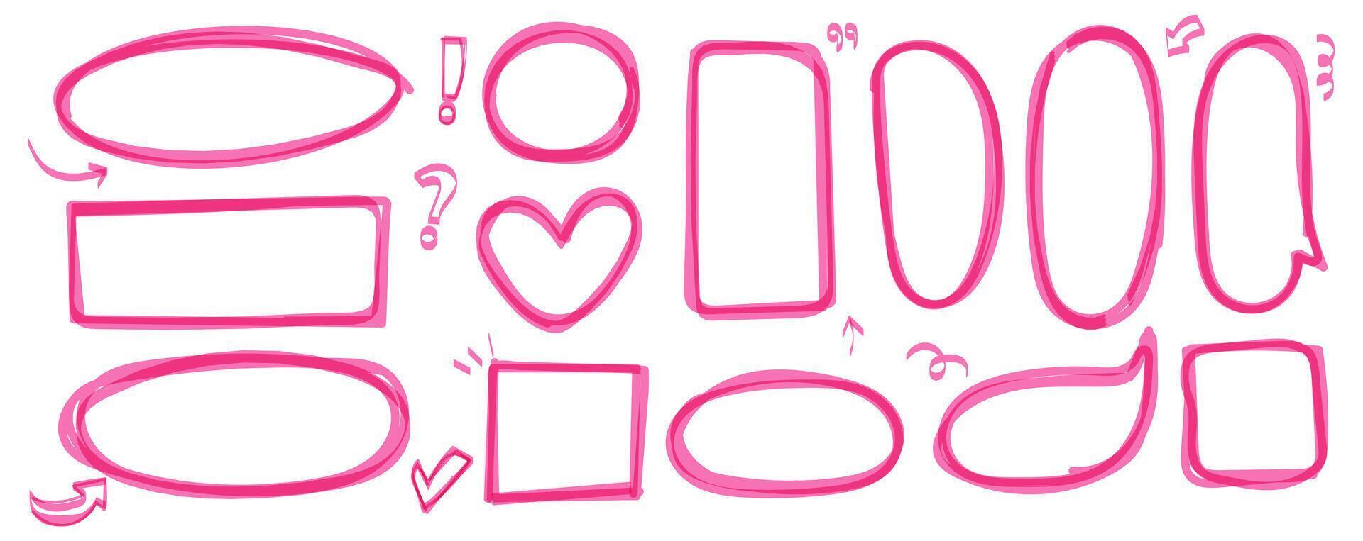 Set of pink marker highlight. Pen mark line and brush stroke in shape of elipse and heart and speech bubble. underline elements. vector