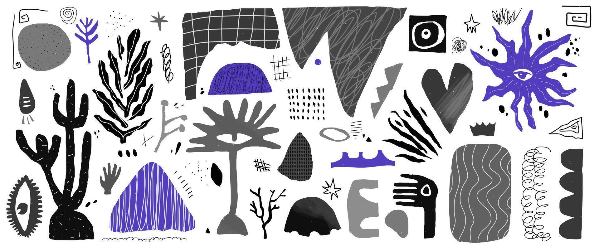 Hand drawn scribble with plants and punk hand and leaf. Doodles with purple abstact shapes. Y2k contemporary zin art. grunge illustration. New school vector