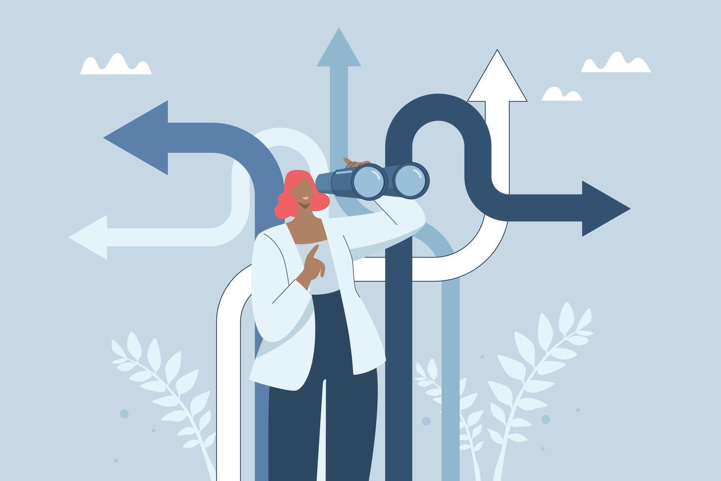 Finding the right path, Business opportunity or the right path to success, Decision making or choosing a business destination, Businesswoman using binoculars to find the right path. design. vector
