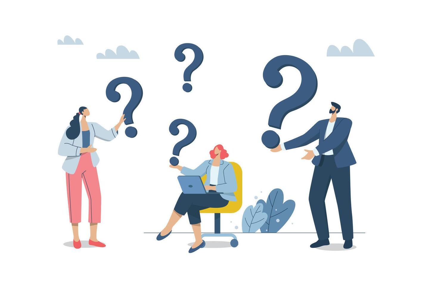 Business team with question marks and confused about the problem, Difficult questions or unsolved search concepts, Complex issues or misunderstandings about business approaches, An uncertain decision. vector