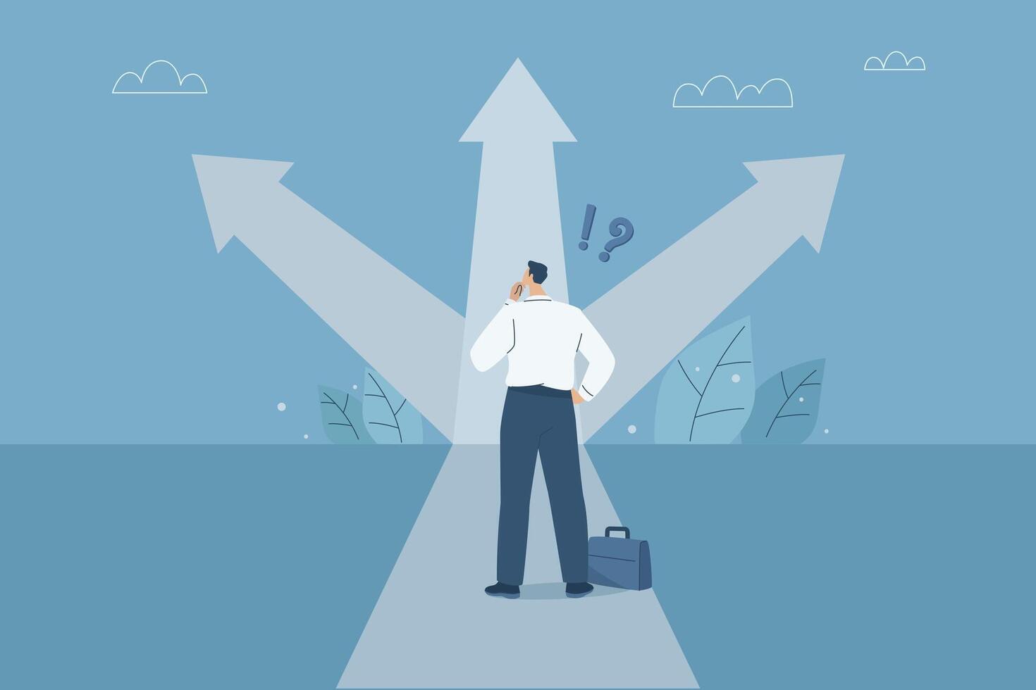 Business decisions or choices, Finding the right direction, Business opportunities or paths to success, Using vision to decide the path ahead, Businessman are choosing a business path. design. vector