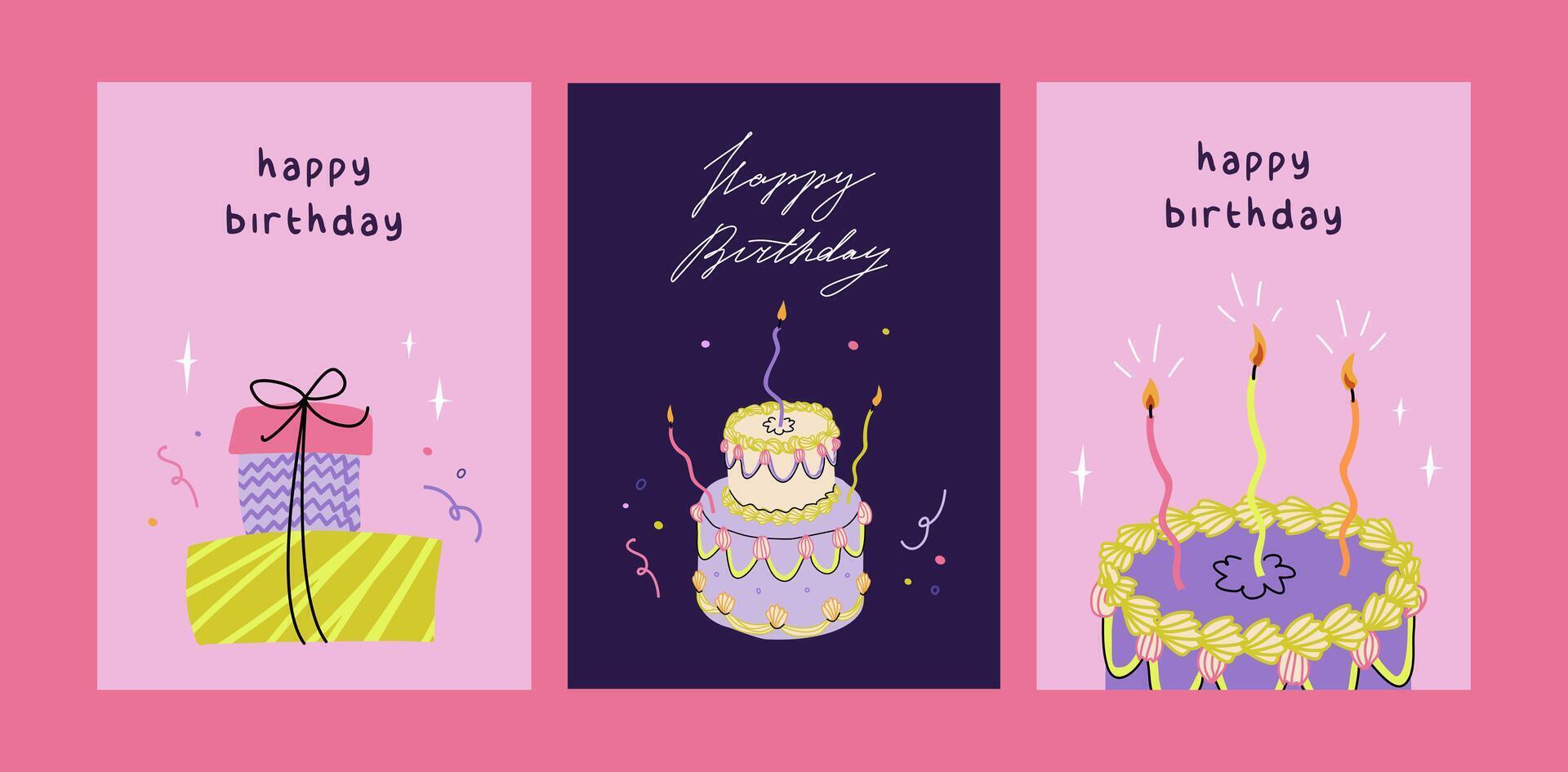 Happy birthday card set. Trendy greeting cards with ruffle cake, candles, gifts. Cute and elegant illustration templates in simple style vector