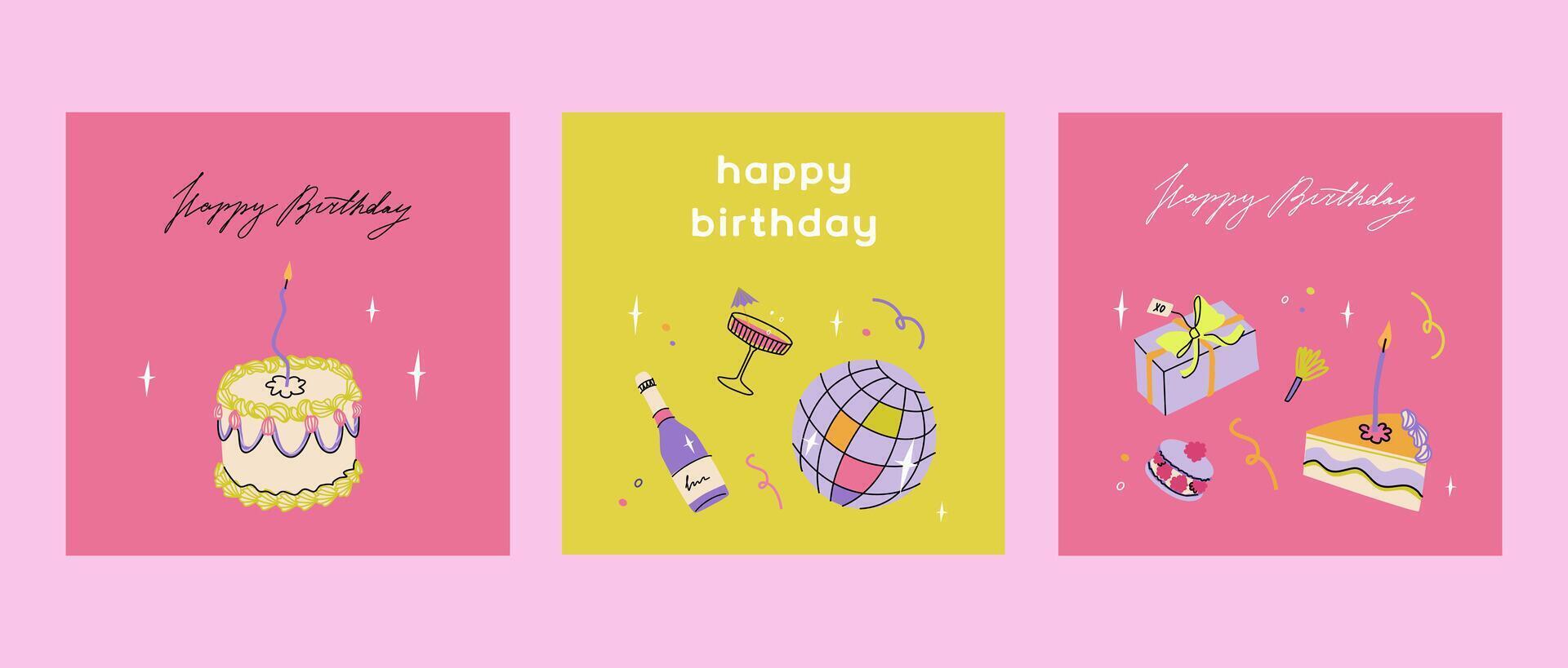 Happy birthday vivid squared card set. Trendy greeting cards with ruffle cake, cocktail, gift box. Cute and elegant illustration templates in simple style vector