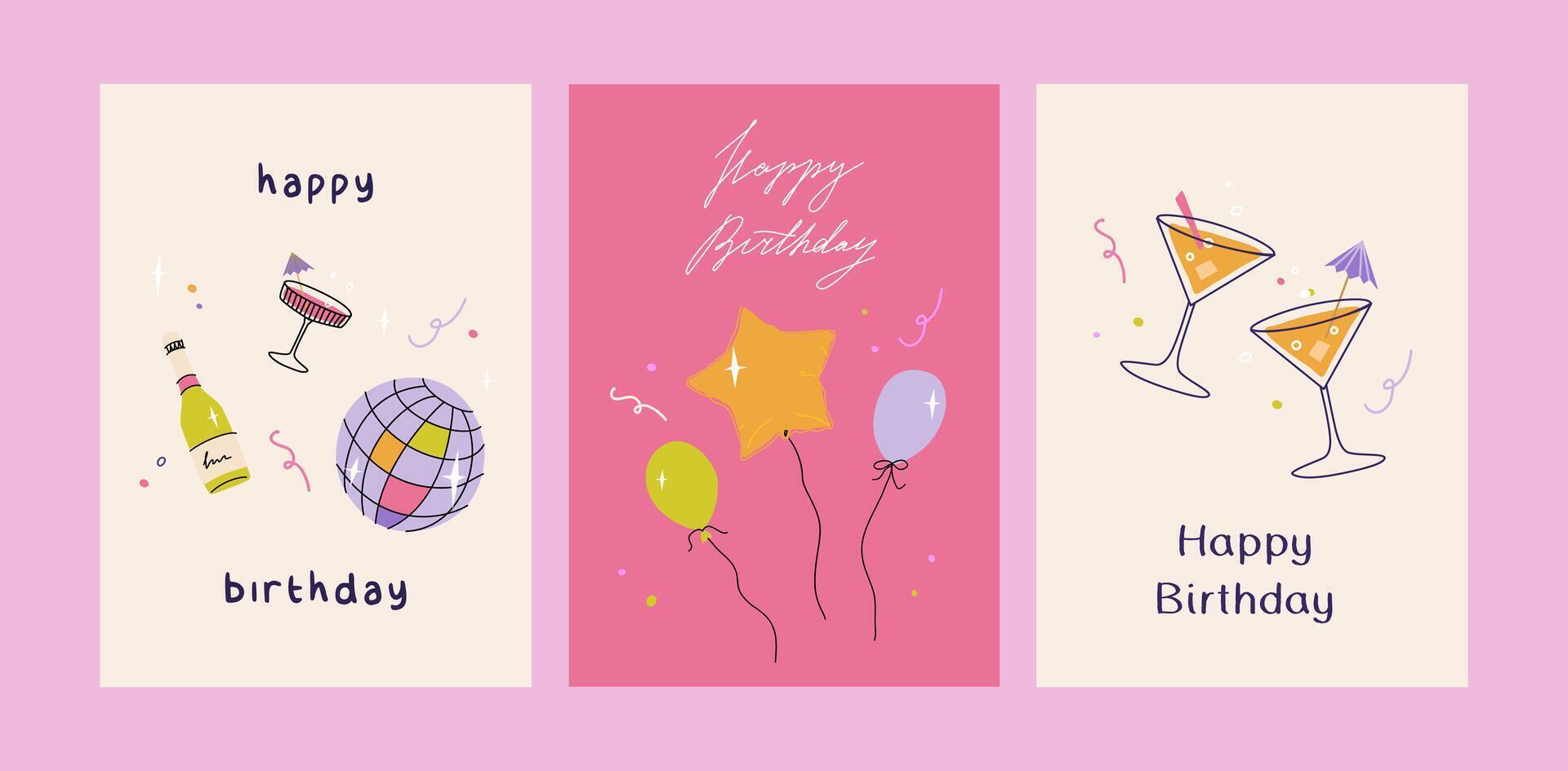 Happy birthday card set. Trendy greeting cards with balloons, cocktails, disco ball. Cute and elegant illustration templates in simple style vector