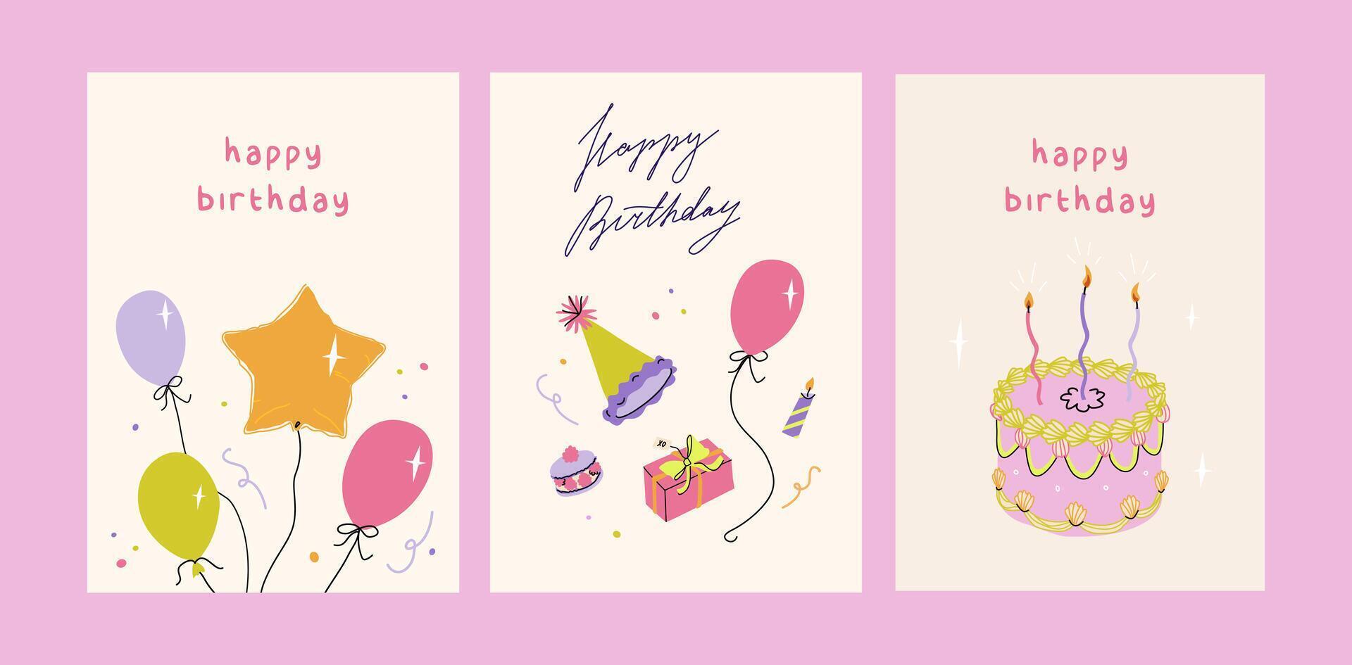Happy birthday card set. Trendy greeting cards with ruffle cake, helium balloons, party hat, gifts. Cute and elegant illustration templates in simple style vector