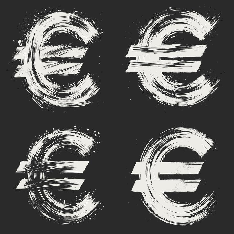 Four stylized Euro symbols in a grunge, textured style. Each symbol is composed of bold, brushstroke lines vector
