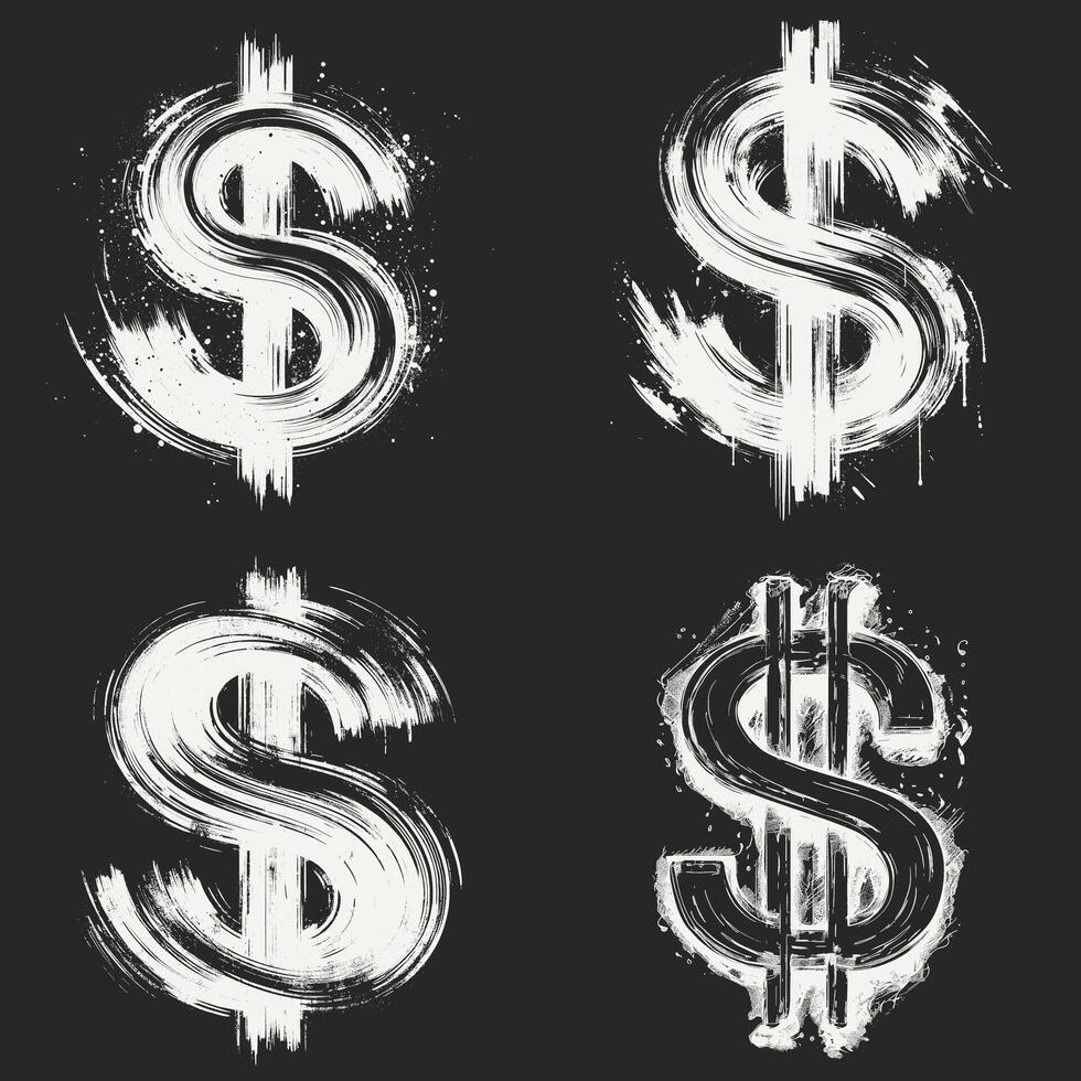 Four stylized US dollar symbols in a grunge, textured style. Each symbol is composed of bold, brushstroke lines vector