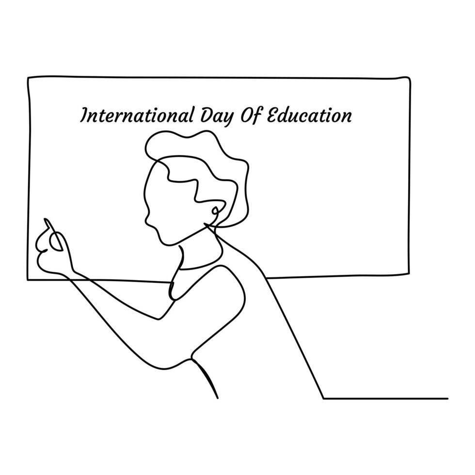 Back view of a teacher writing on the International day of education one line drawing vector