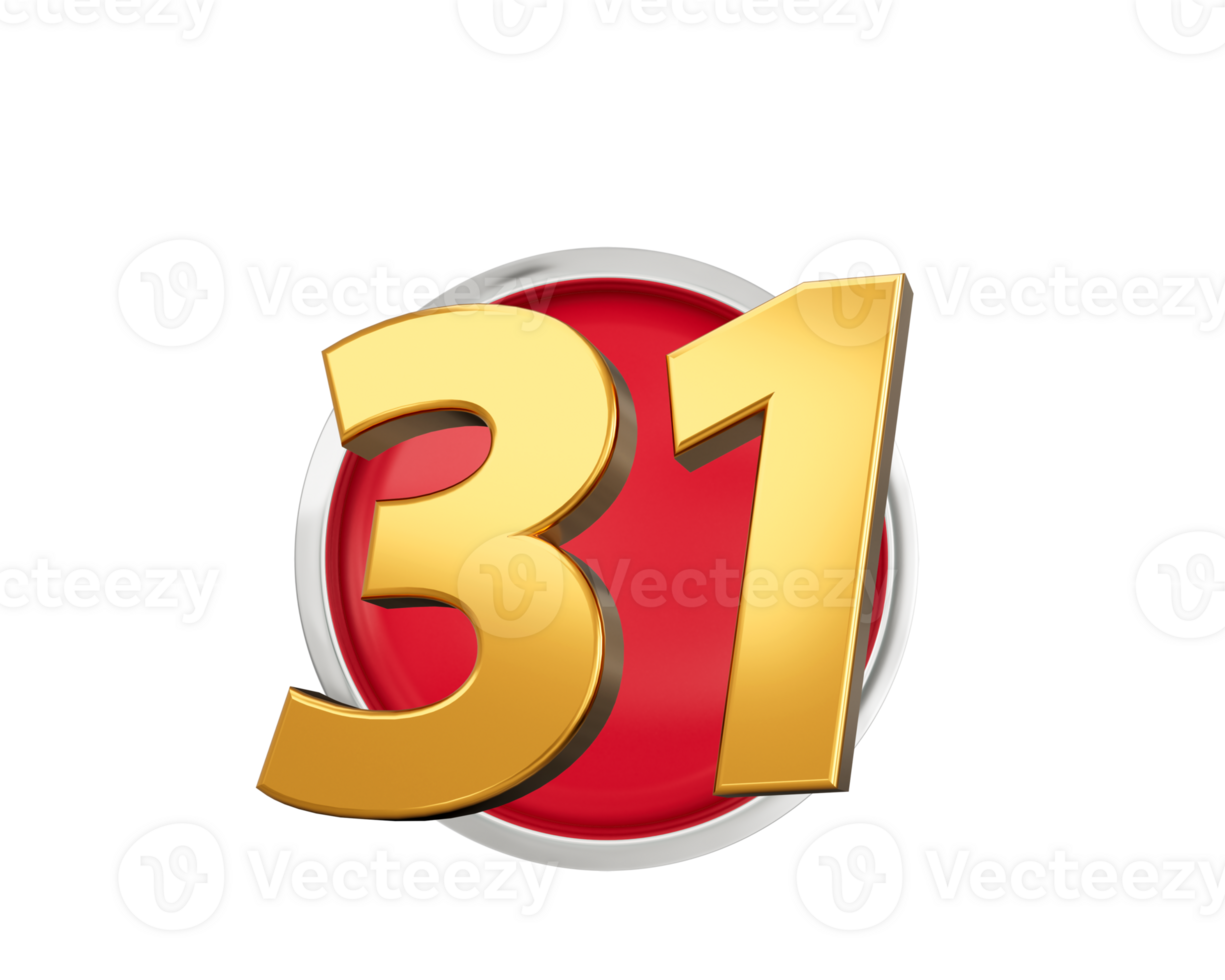 Gold Number 31 Gold Number Thirty One On Rounded Red Icon, 3d illustration png