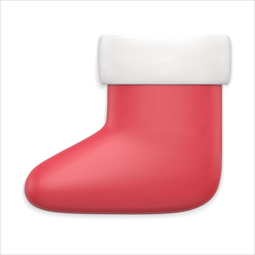 Red realistic Santa Claus shoe with white fur 3d template side view illustration vector