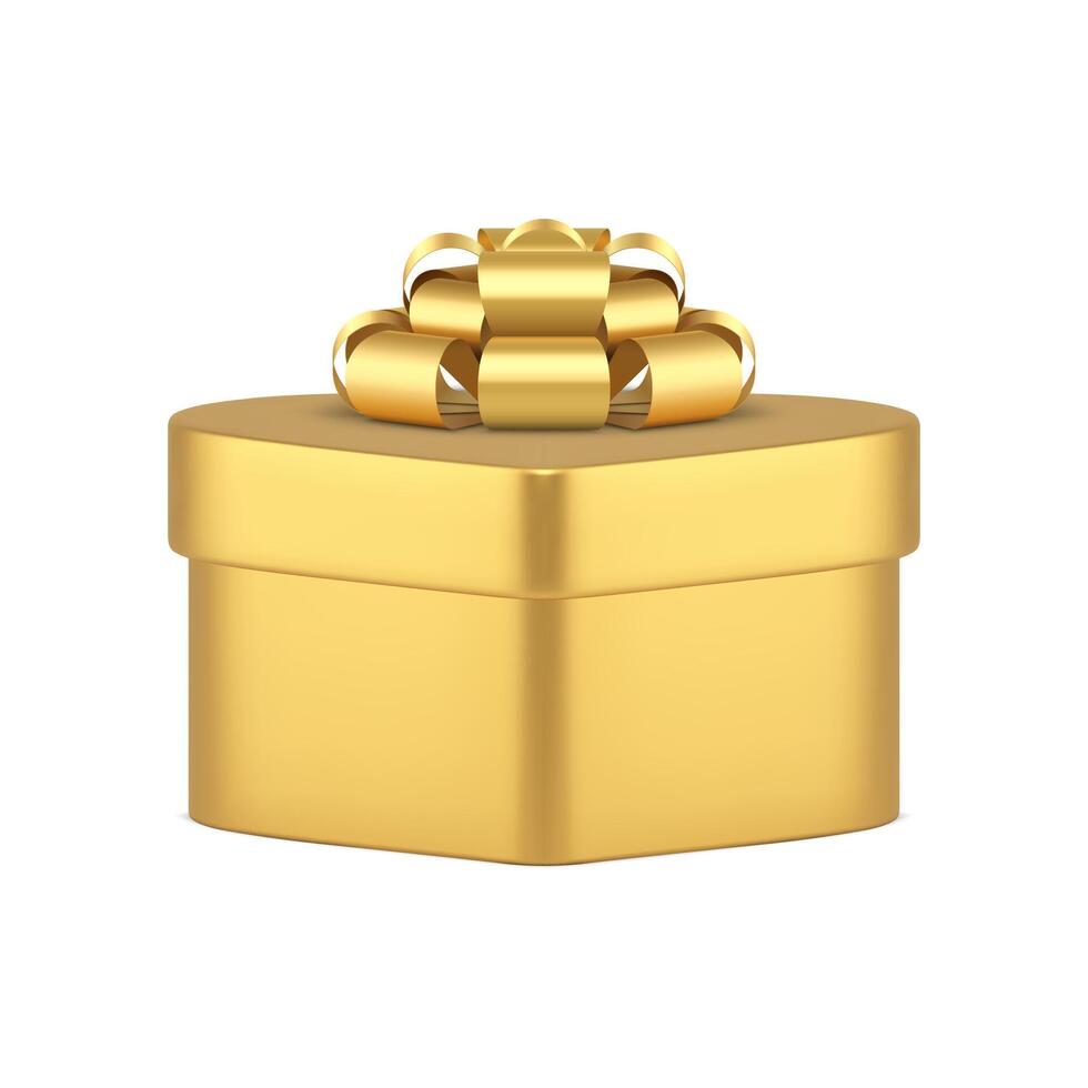 Golden luxury closed gift box heart shape with glossy bow 3d icon realistic illustration vector