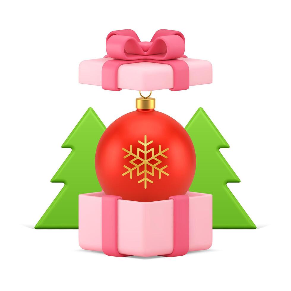 Christmas elegant pink gift box with red luxury ball toy 3d icon realistic illustration vector