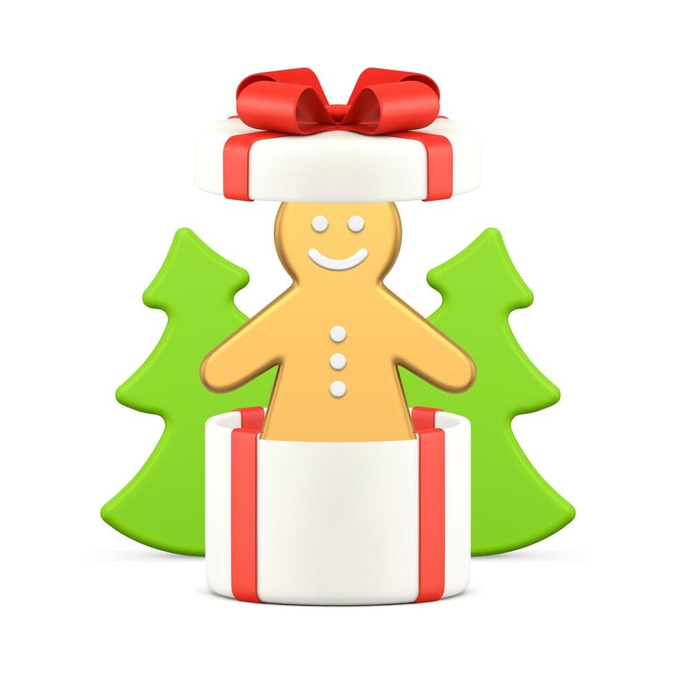 Christmas luxury gingerbread man toy in gift box with spruce 3d icon realistic illustration vector