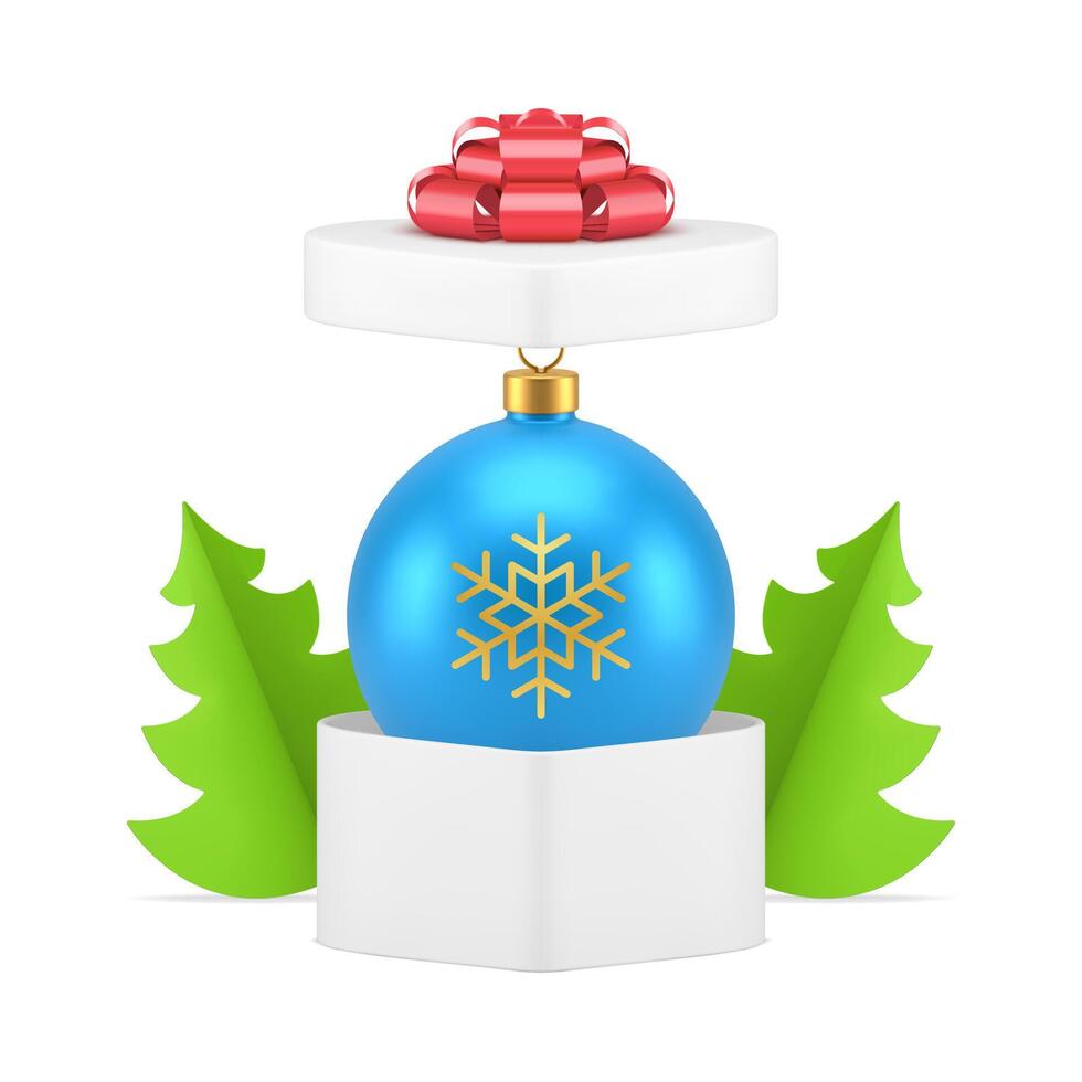 Christmas festive present luxury surprise blue ball toy in gift box 3d icon realistic vector