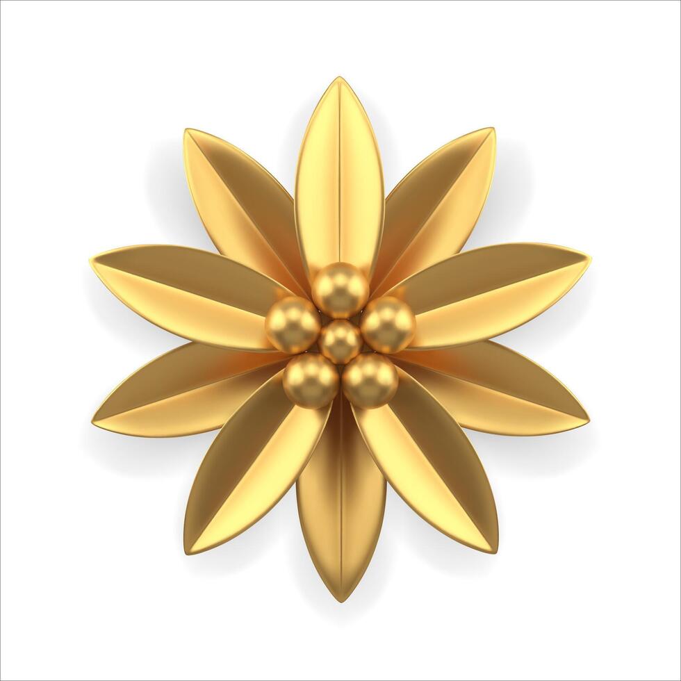 Realistic golden flower with petals and ball center decorative 3d template top view vector