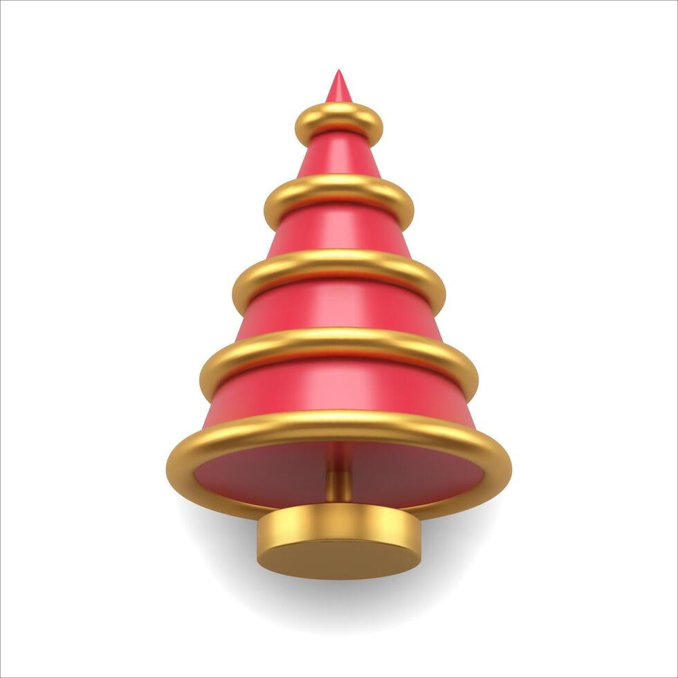 Classic cone red Christmas tree table statuette on rack decorated by golden stripes vector