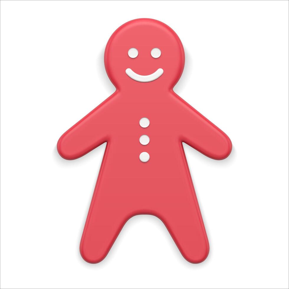 Realistic adorable funny gingerbread character red metallic glossy Xmas toy white elements vector