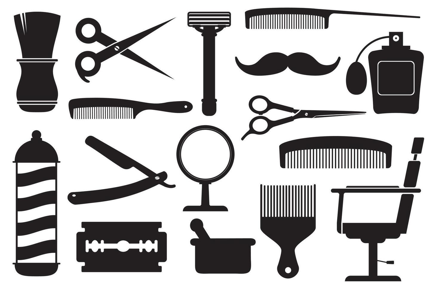 Barbershop and hairdressing icons set. Silhouette style vector