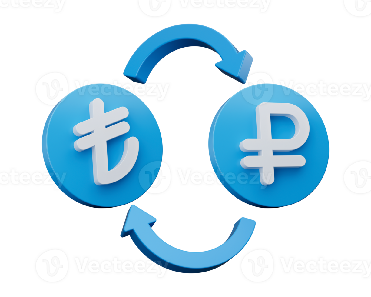 3d White Lira And Ruble Symbol On Rounded Blue Icons With Money Exchange Arrows, 3d illustration png
