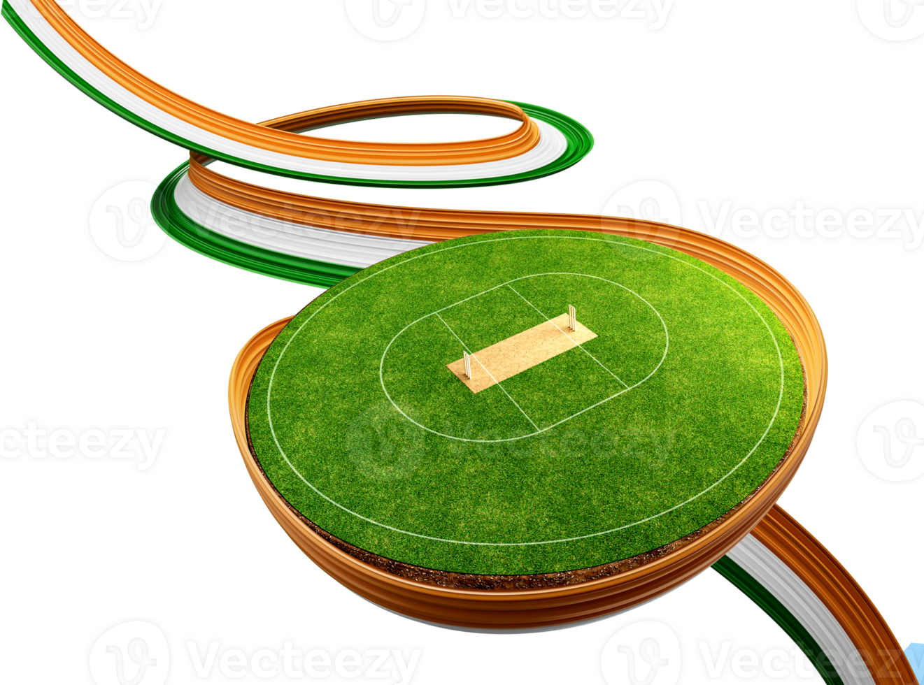 3d Wavy Ribbon Flag Of India With Cricket Stadium Grass Cricket Pitch Game Field 3d Illustration png