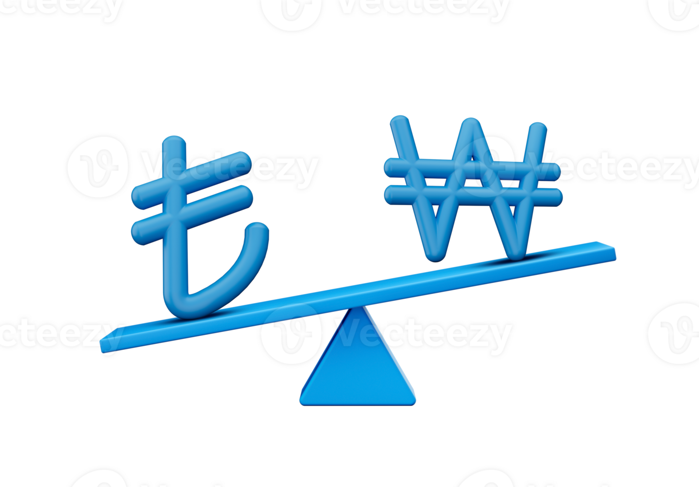 3d Blue Lira And Won Symbol Icons With 3d Blue Balance Weight Seesaw, 3d illustration png