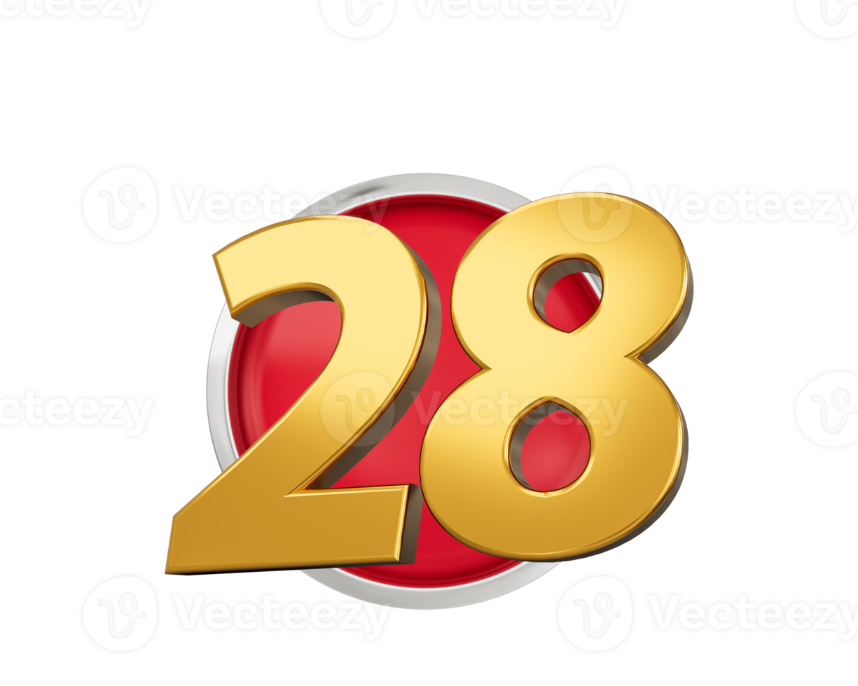 Gold Number 28 Gold Number Twenty Eight On Rounded Red Icon, 3d illustration png