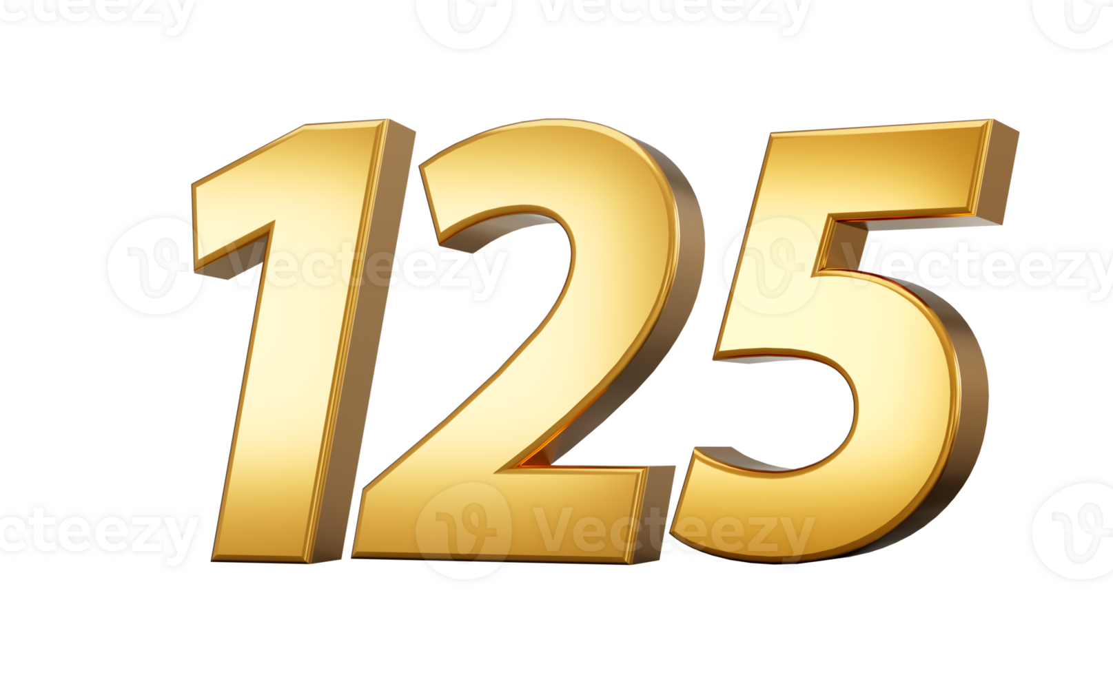 3d number 125 one hundred twenty five one Gold text 3d illustration png