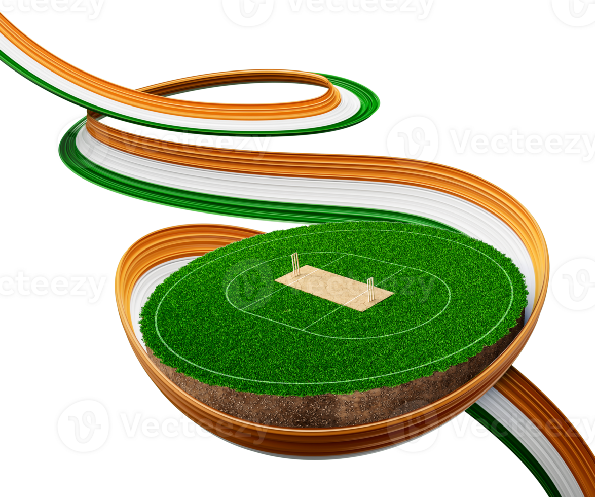 3d Wavy Ribbon Flag Of India With Cricket Stadium Grass Cricket Pitch Game Field 3d Illustration png