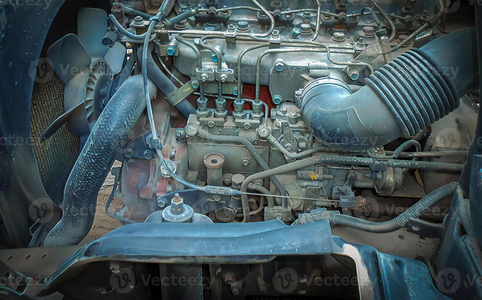 very nice truck engine, huge and awesome machinery, metallic background of the internal diesel truck engine photo