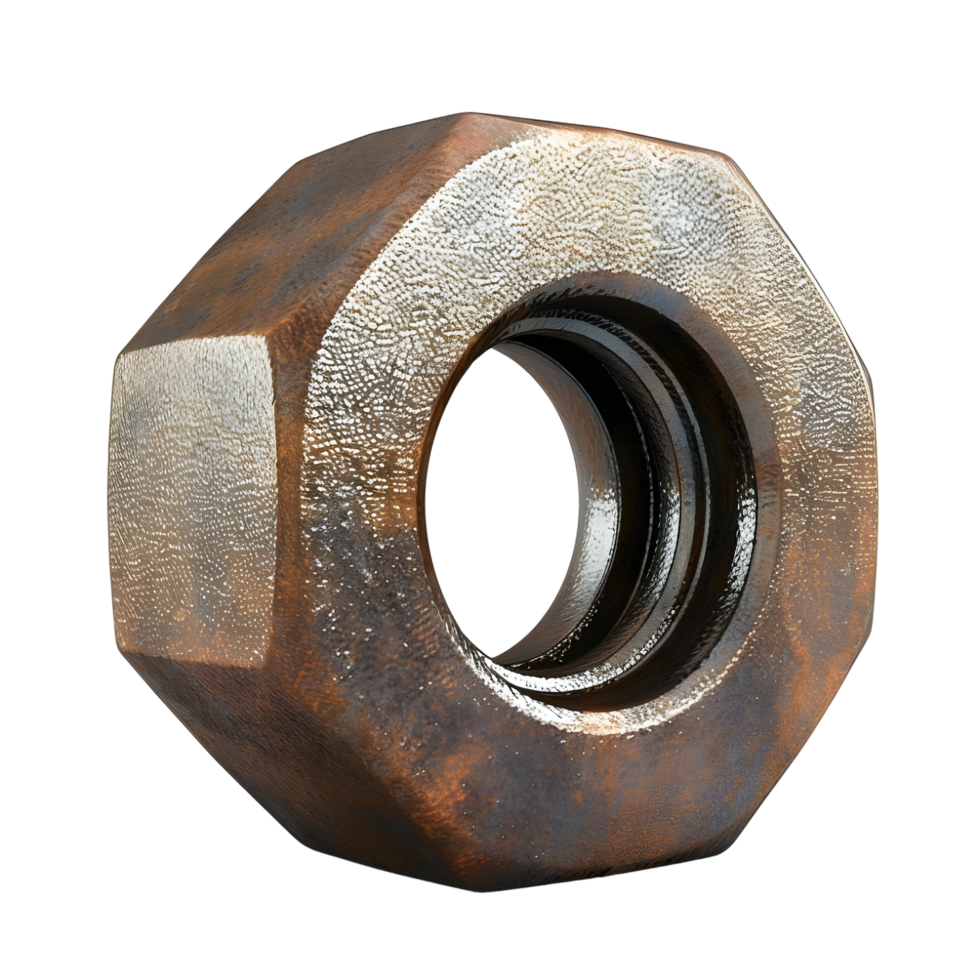 Large metal nut with threaded hole isolated on transparent background png