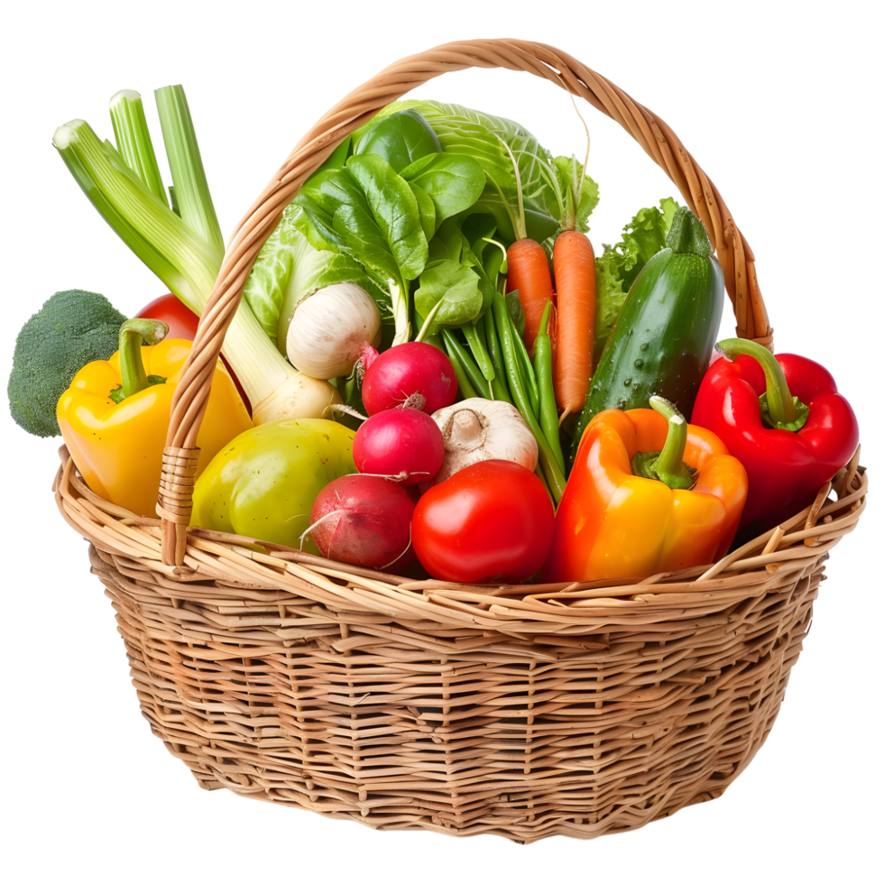 Wicker basket with a variety of vegetables isolated on transparent background png