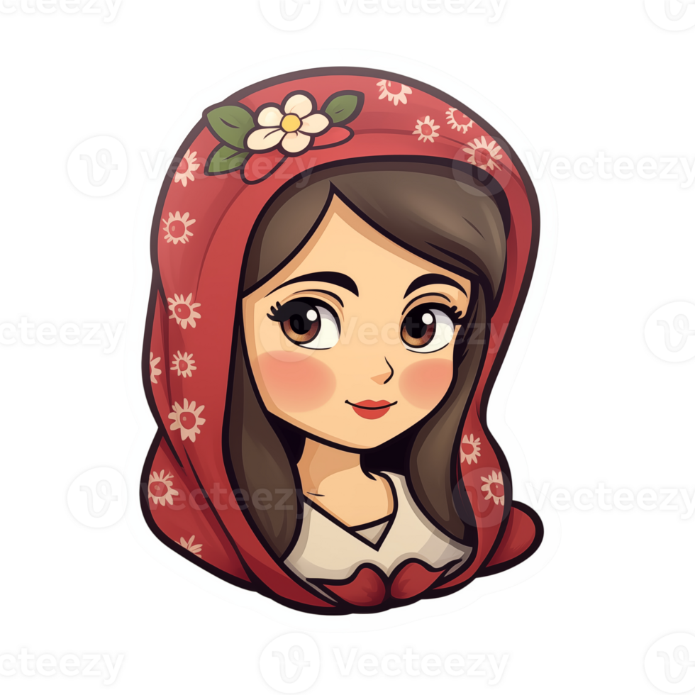 Cute cartoon girl in traditional floral headscarf, sticker, illustration, , transparent background png