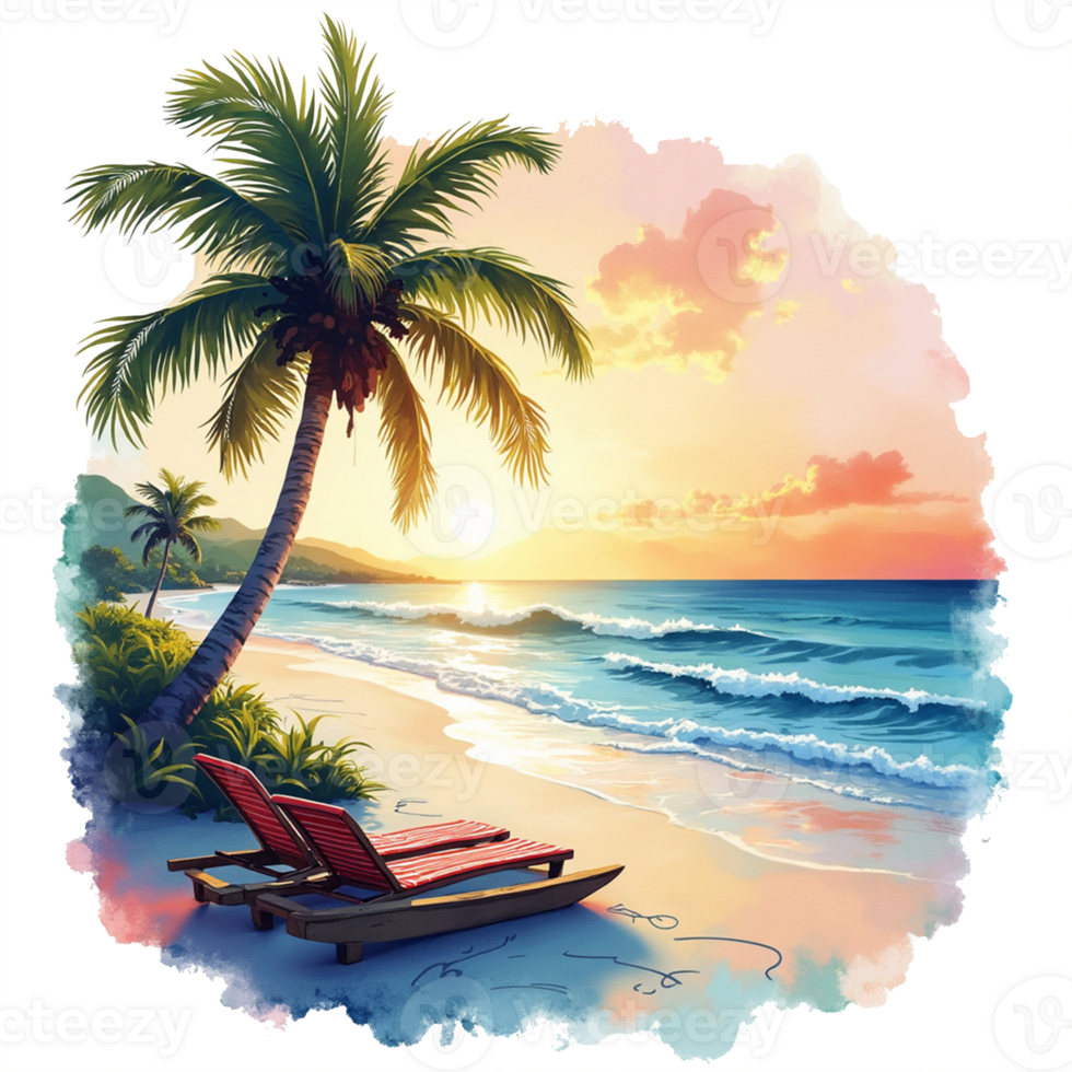 A beach scene with two chairs and a palm tree png