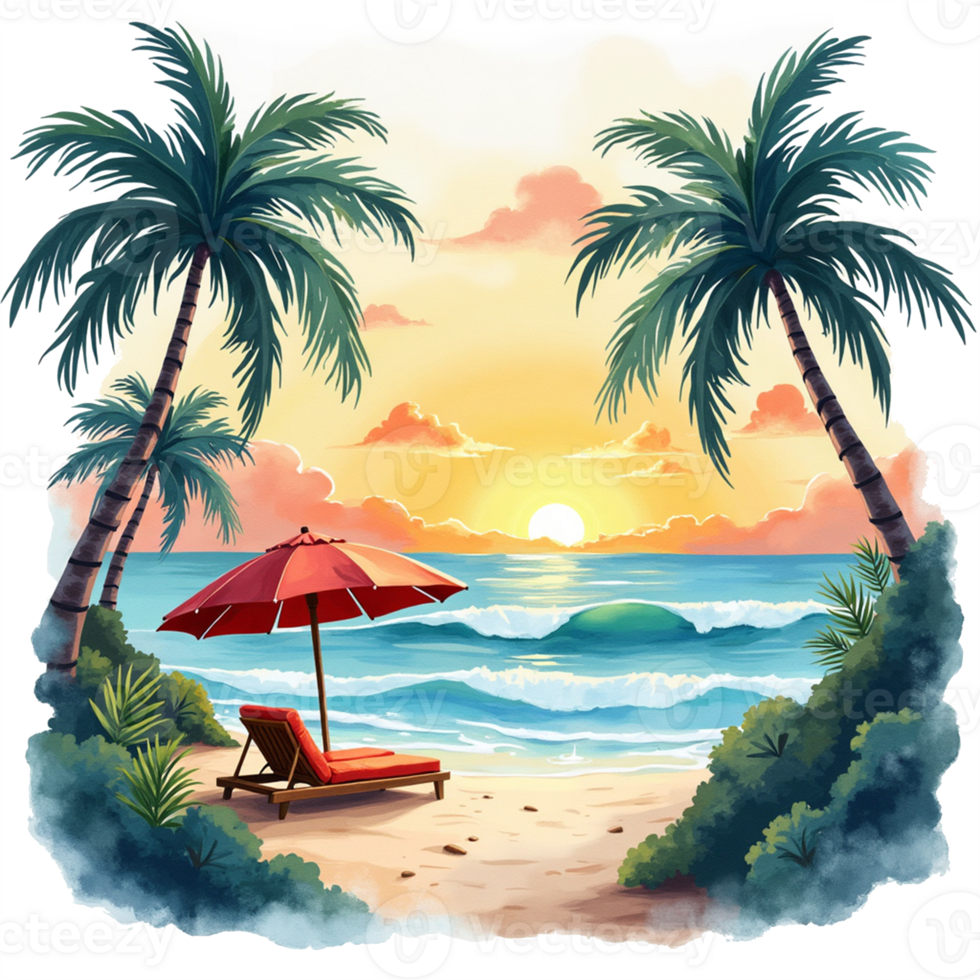 A beach scene with palm trees and an umbrella png