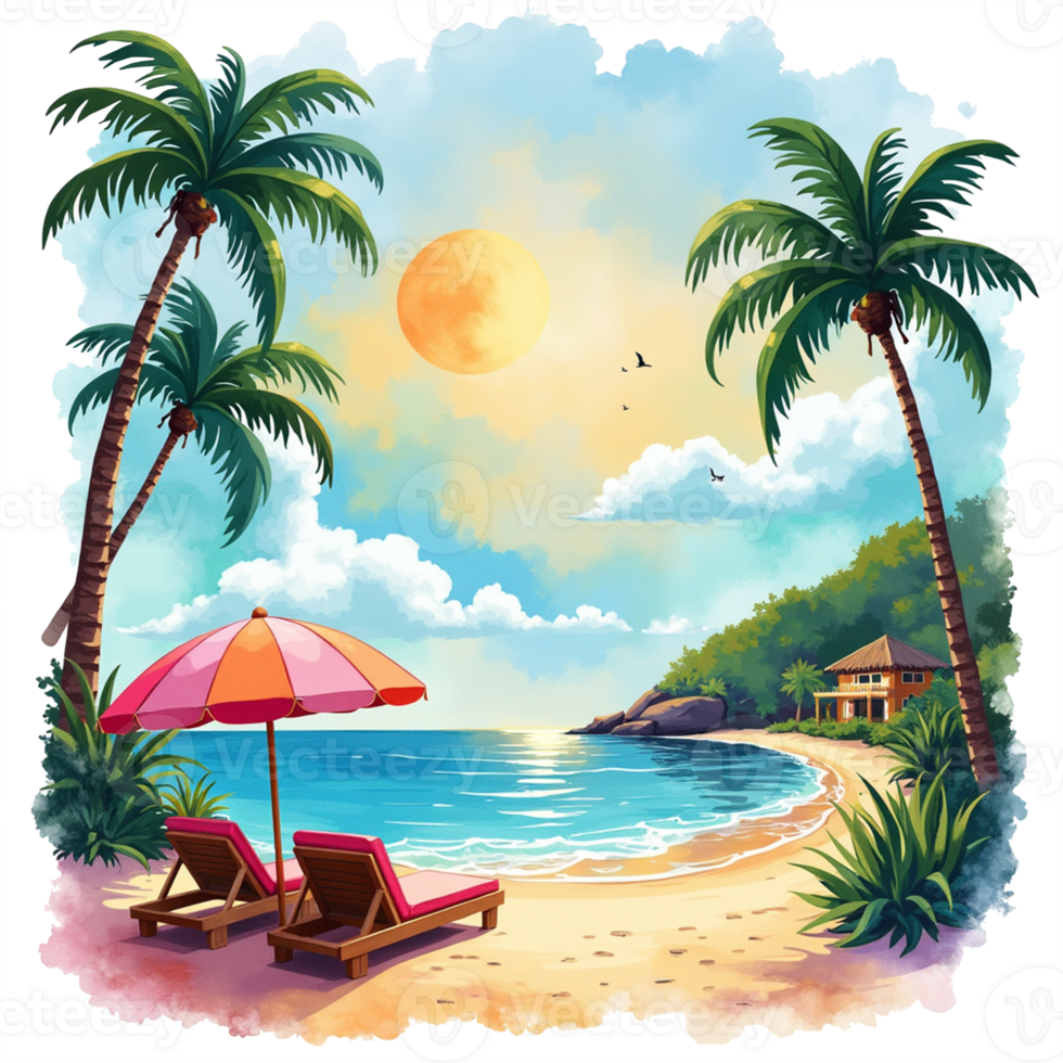 A beach scene with two chairs and an umbrella png