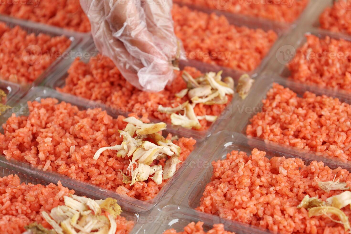 Put Sliced Chicken Breast on Top Red Rice photo