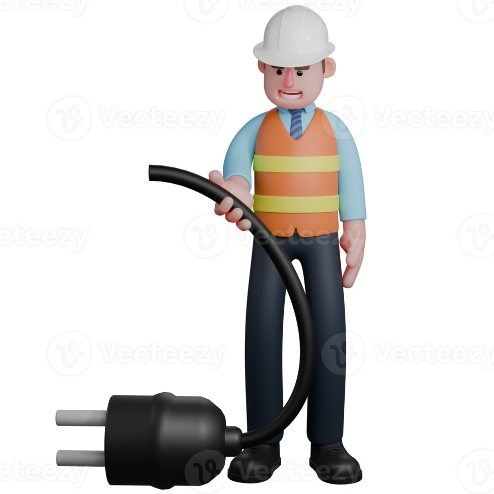 Male Architect Cartoon in 3D. An Architect stands next to a power cable with his right hand holding the cable. Project Planning Illustrated png