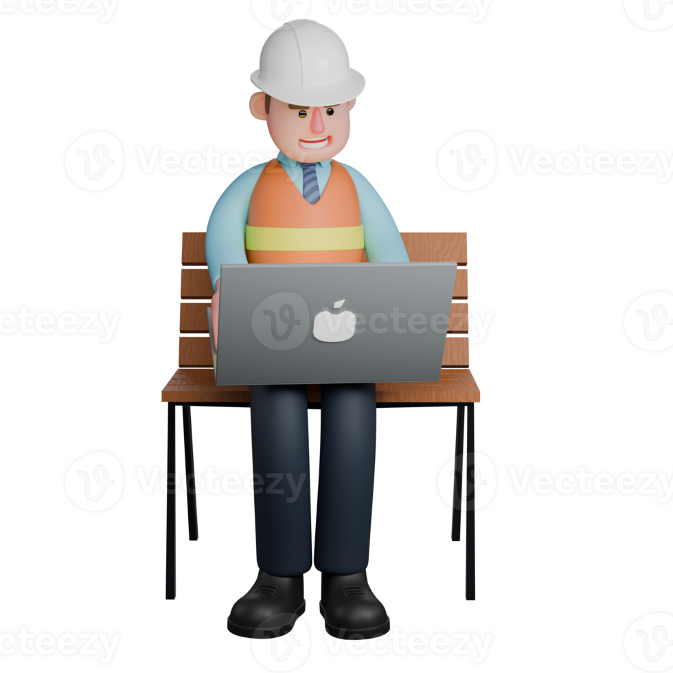 3D Cartoon Architect Character. An Architect sits on a chair with a laptop on his lap. Building Design Model png
