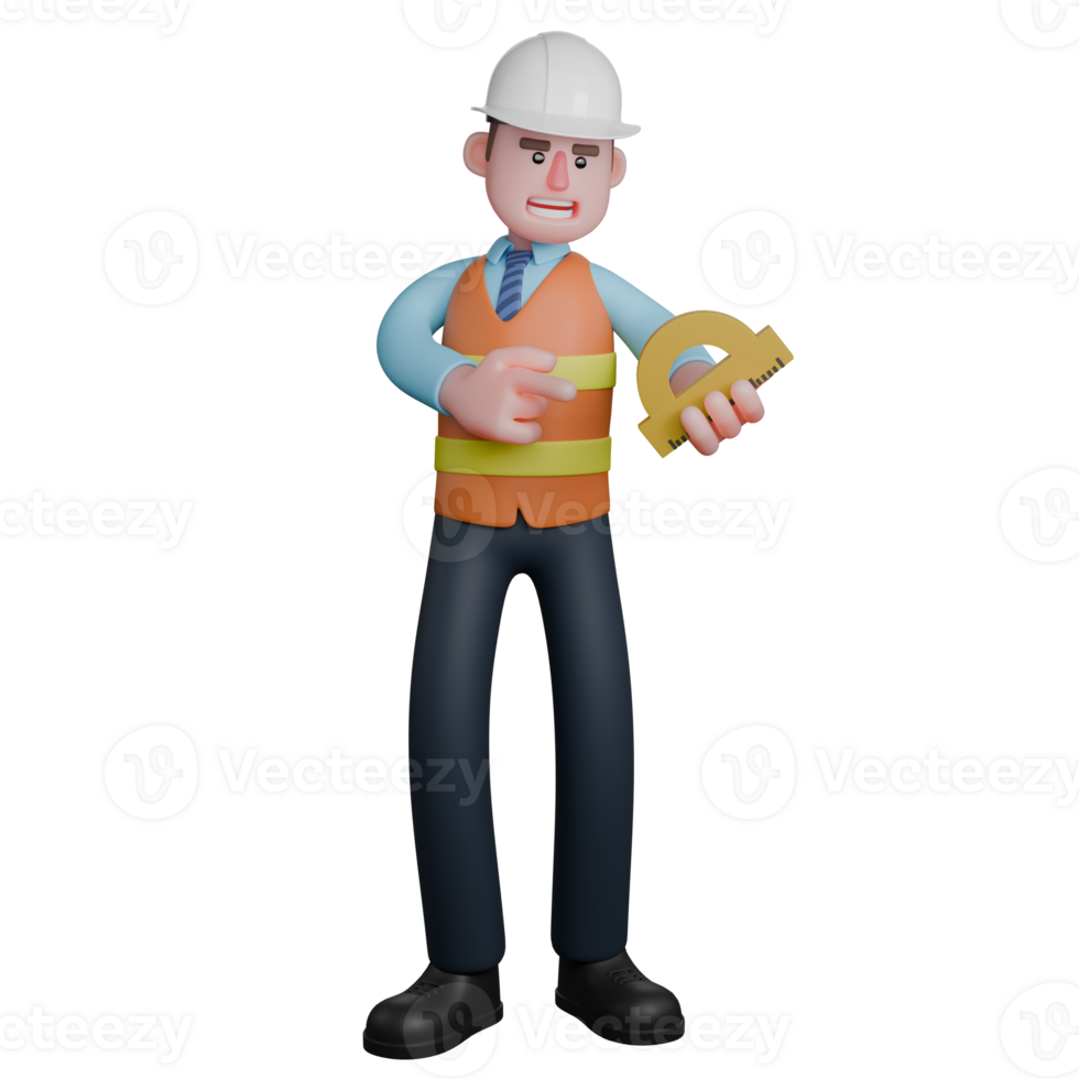 Architect Character 3D. An Architect stands holding a protractor in his left hand while his right hand points at the ruler. Illustrated Building Designer png