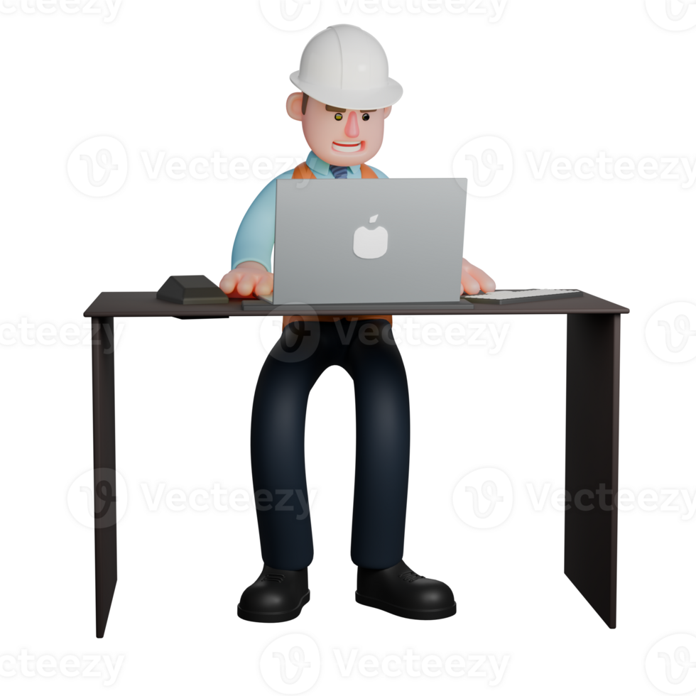 Professional Architect 3D Cartoon. An Architect stands at a work desk with both hands on the table. Male Design Specialist png