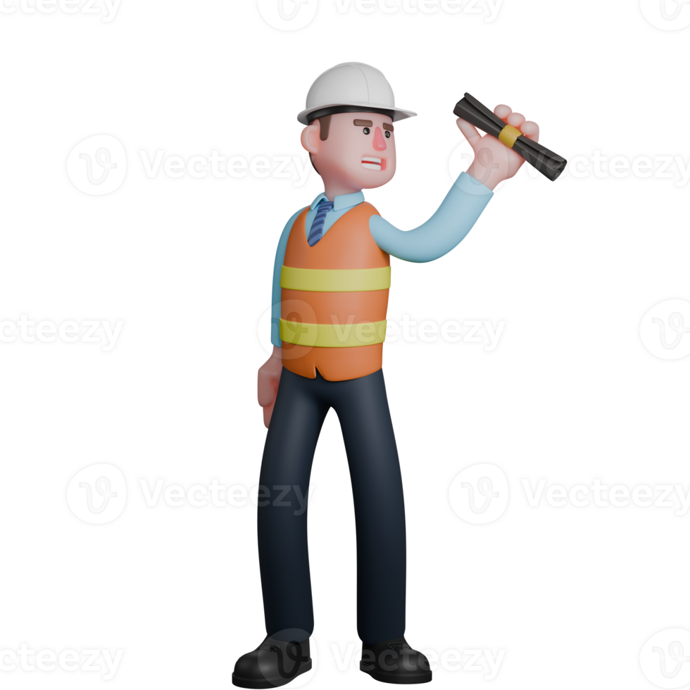 Cartoon Male Architect. An Architect stands holding a roll of building sketches. 3D Design Professional png