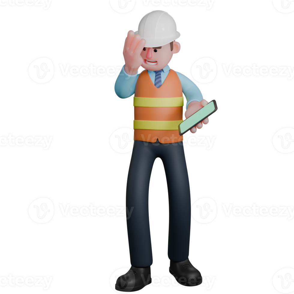 3D Male Architect Drafting. An Architect stands holding a cellphone in his left hand while his right hand holds a safety hat. Construction Project Cartoon png
