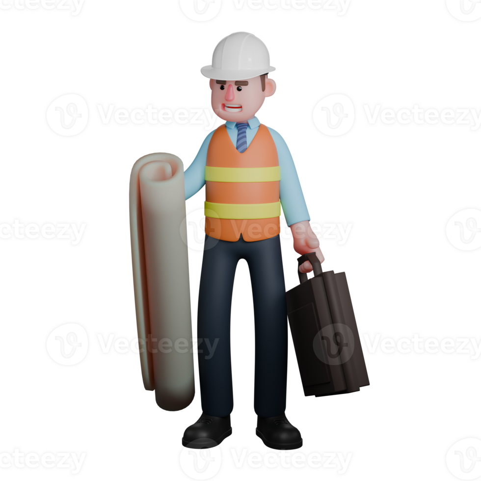 Illustrated Cartoon of a Male Architect. An architect stands holding a large roll of paper in his right hand while his left hand holds a briefcase. 3D Construction Style png