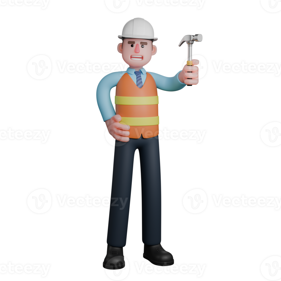 Cartoon Style Building Architect. An Architect stands holding a hammer in his left hand while his right hand is on his waist. 3D Male png