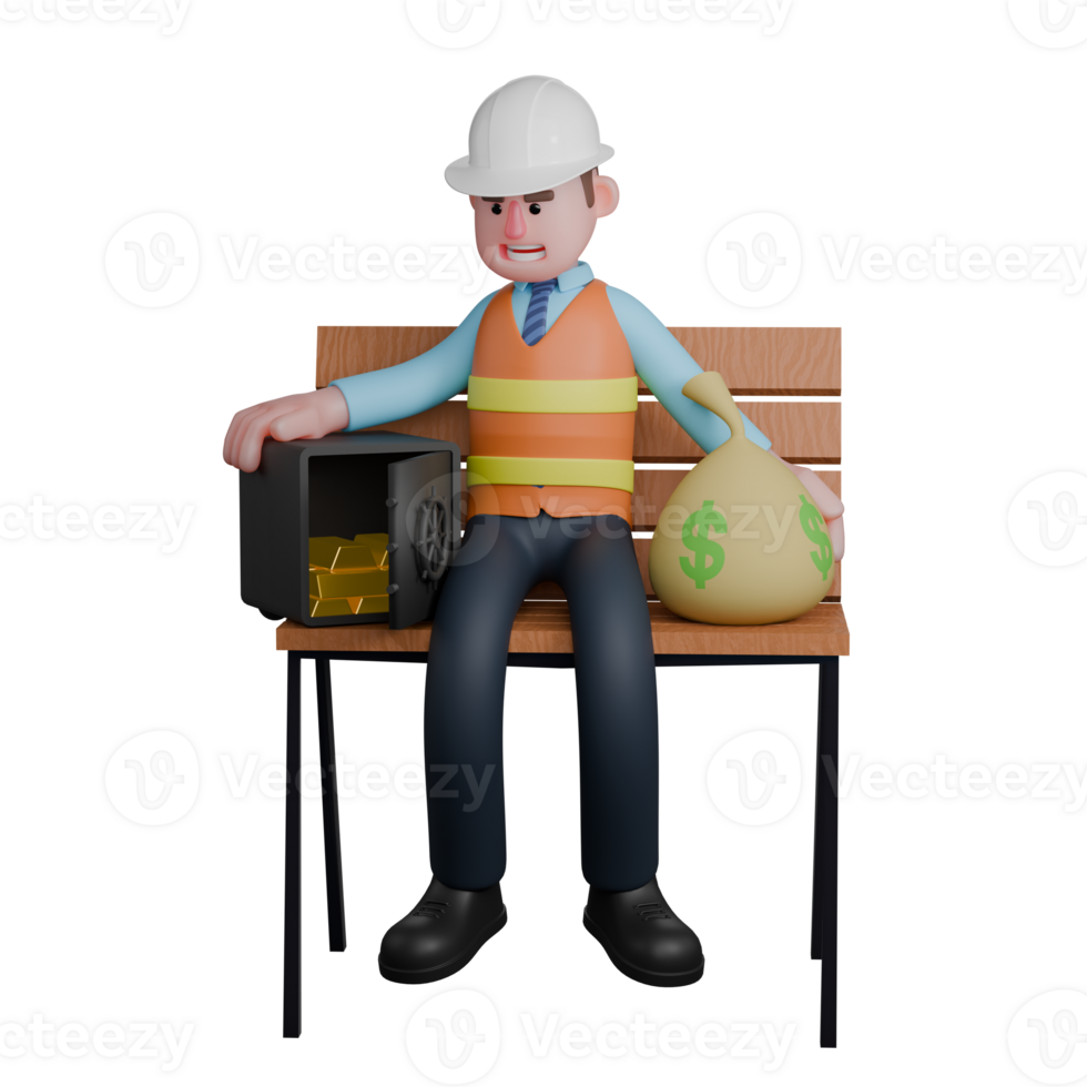 3D Professional Architect Character. An Architect sits between a safe and a money bag with both hands holding both objects. Male Designer png