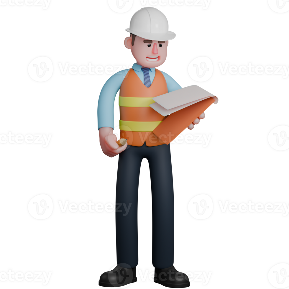 Design Expert 3D Model. An Architect stands holding a pencil in his right hand and a clipboard in his left hand. Architect Cartoon png