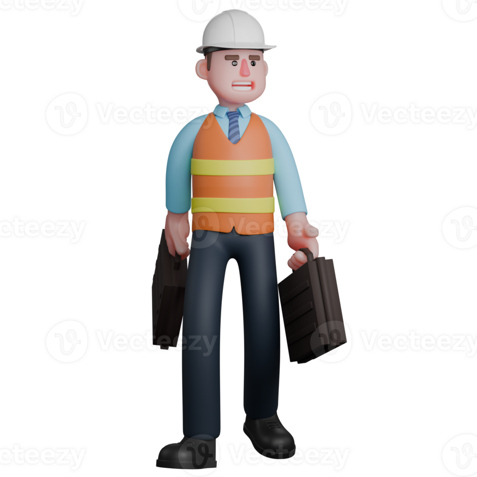 3D Illustrated of Male Architect. An Architect walks holding a briefcase in both hands. Structural Engineer png