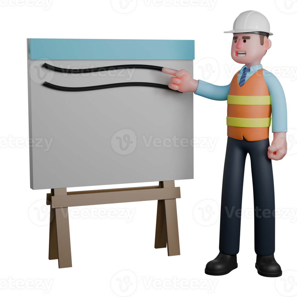 Building Design Expert in 3D. An Architect stands beside a technical drawing table with his right hand pointing at the technical drawing table. Cartoon Architect png