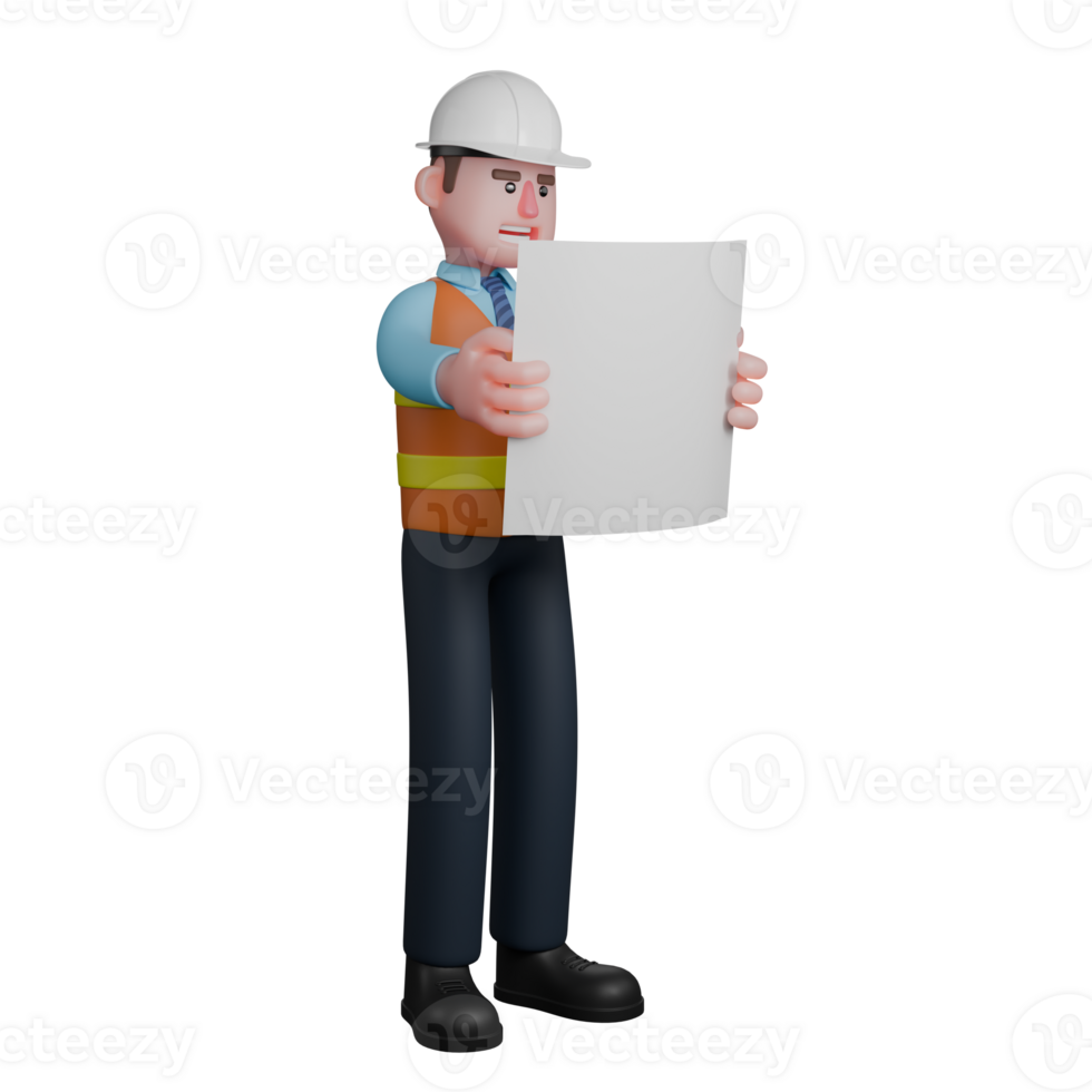 Male Architect in Project Setting. An Architect stands holding a sketch paper with both hands. 3D Character png