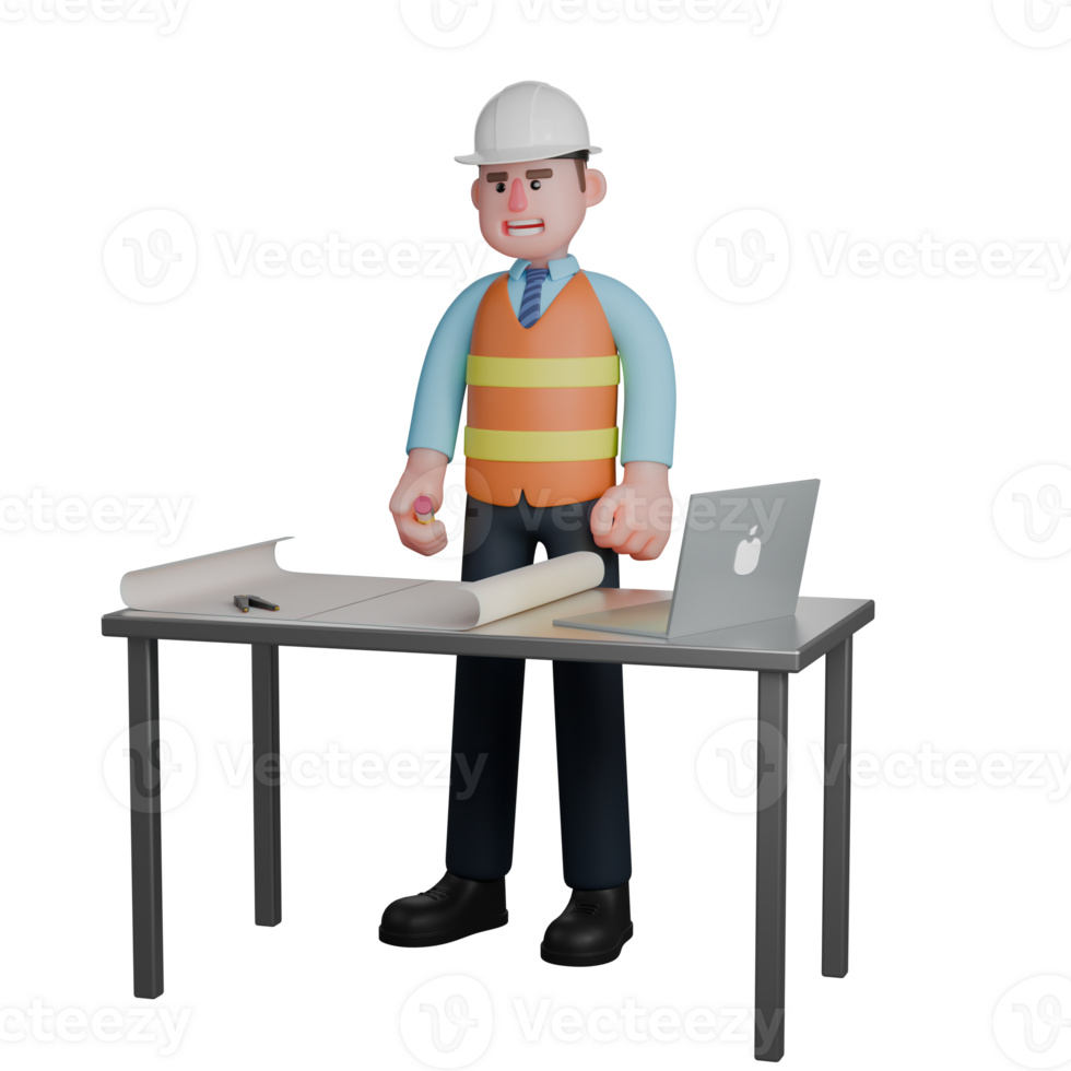 Illustrated Design Professional. An Architect stands behind a work desk with his right hand holding a pencil. 3D Male Architect png